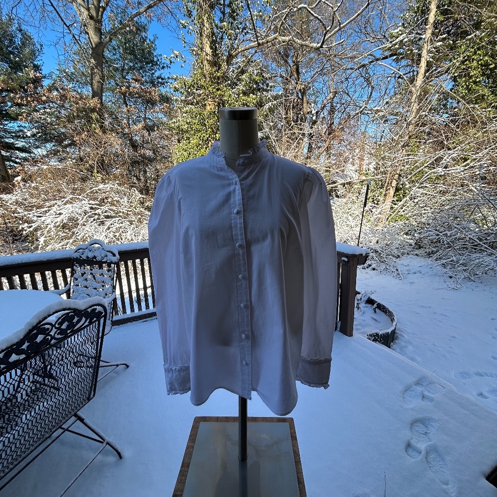 Anthropologie White Cotton Puff Sleeves Ruffle Collar Button Down Size 12